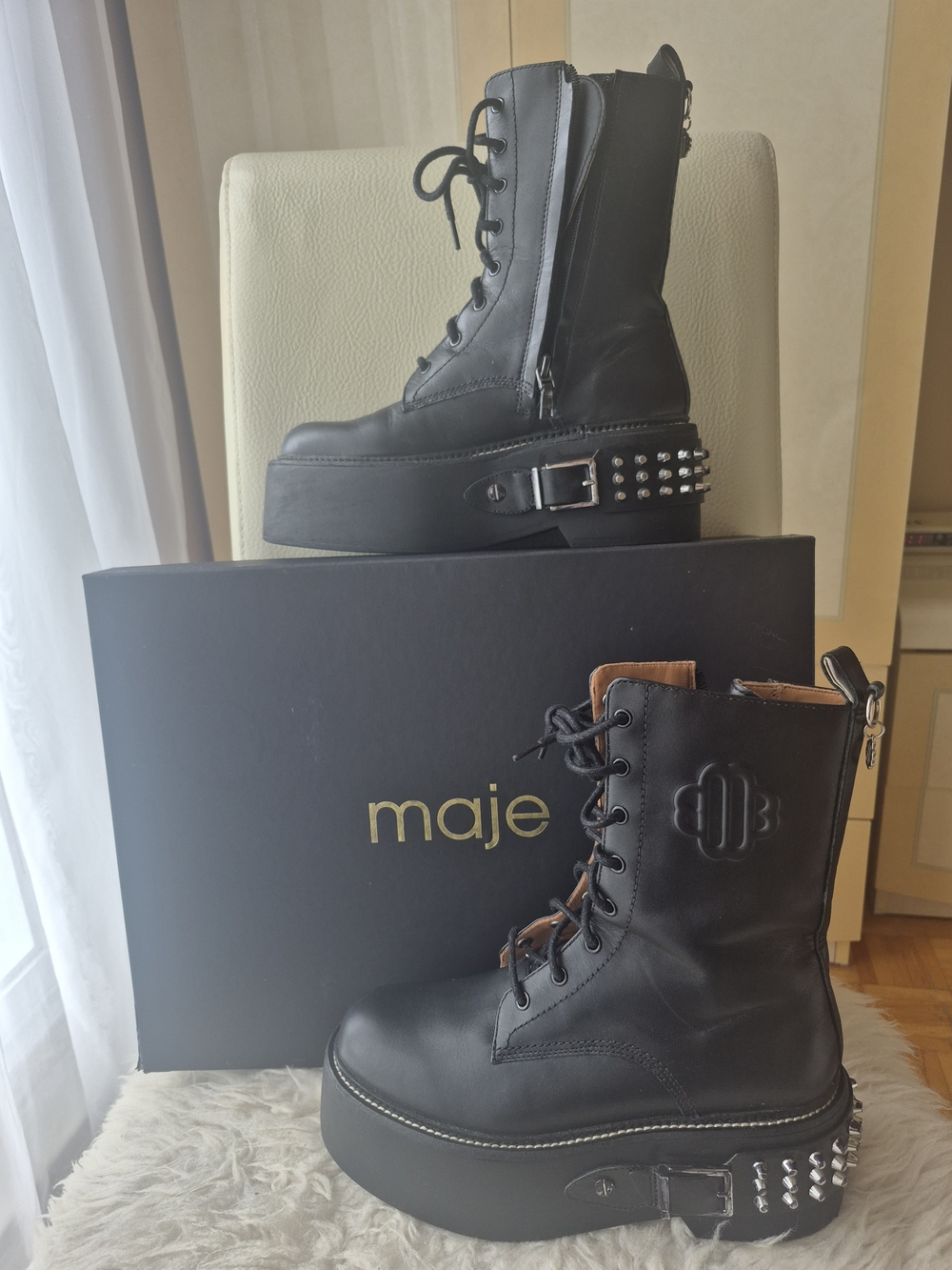 Maje Black Leather Studded Platform Lace-Up Boots